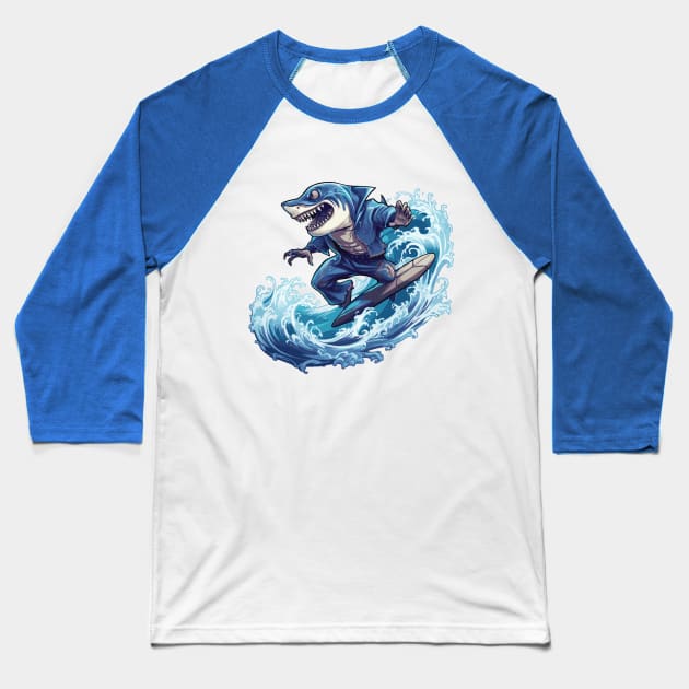 Shark Surfing - Shark Beach Baseball T-Shirt by VelvetRoom